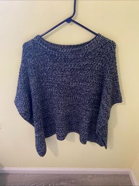 Knit Poncho Sweater in Heathered Navy and Gray with Silver Thread